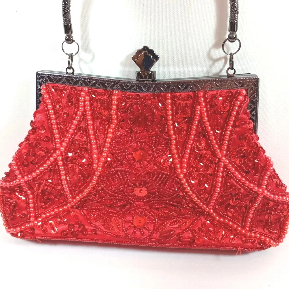 Red Beaded Sequin Evening Clutch Bag Gunmetal Hardware Floral Vintage Style